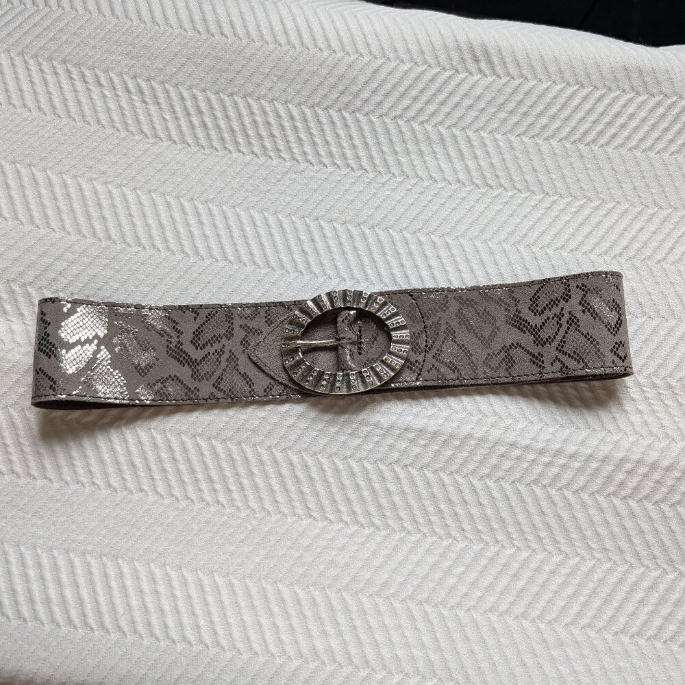 Metallic Grey Snakeskin Embossed Wide Leather Statement Belt Large Silver Buckle